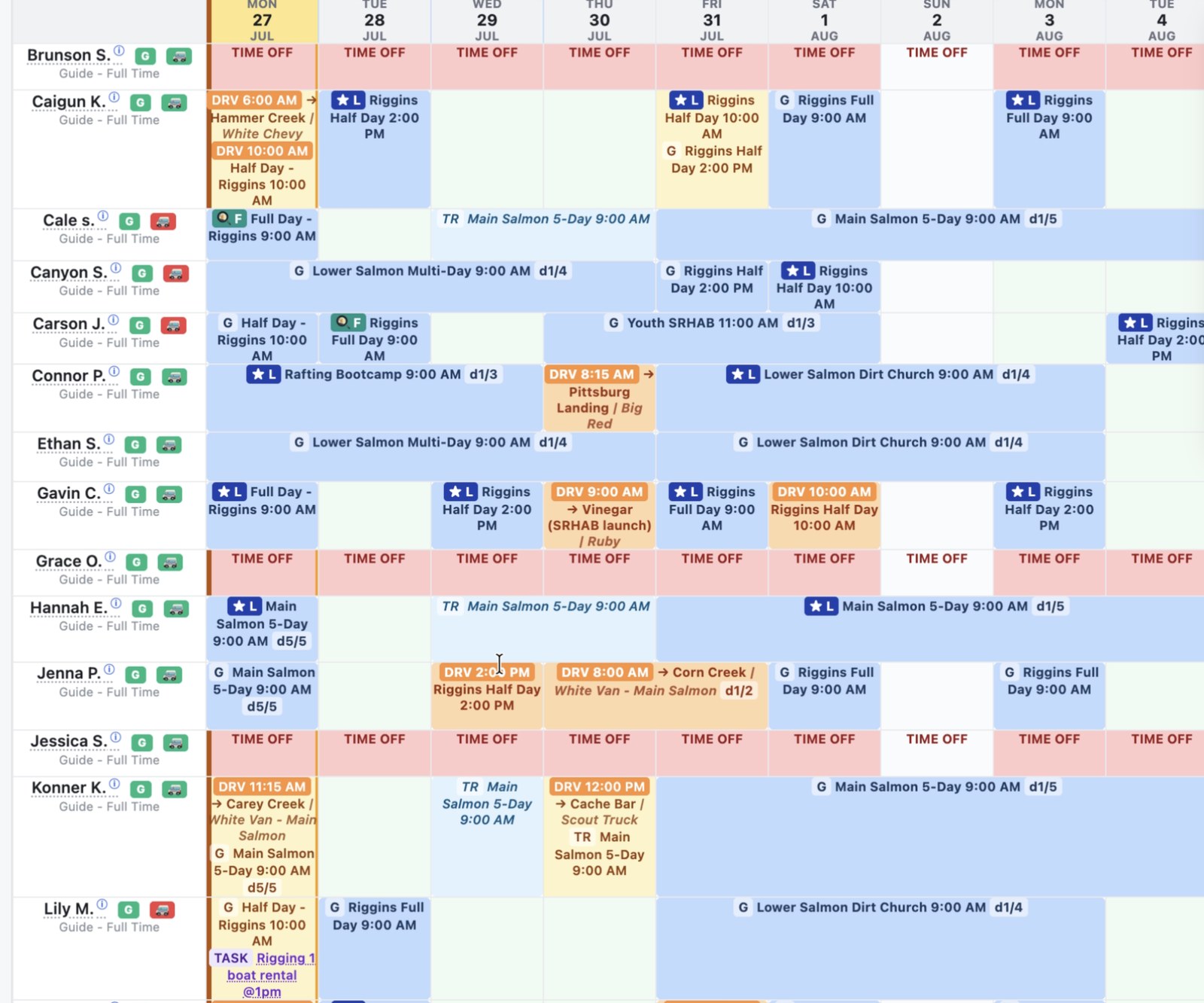 The crew schedule: one row per guide with role badges beside each name, and one column per day showing the trip that person is leading or guiding, driver runs with the assigned vehicle, travel and training days, and time off.