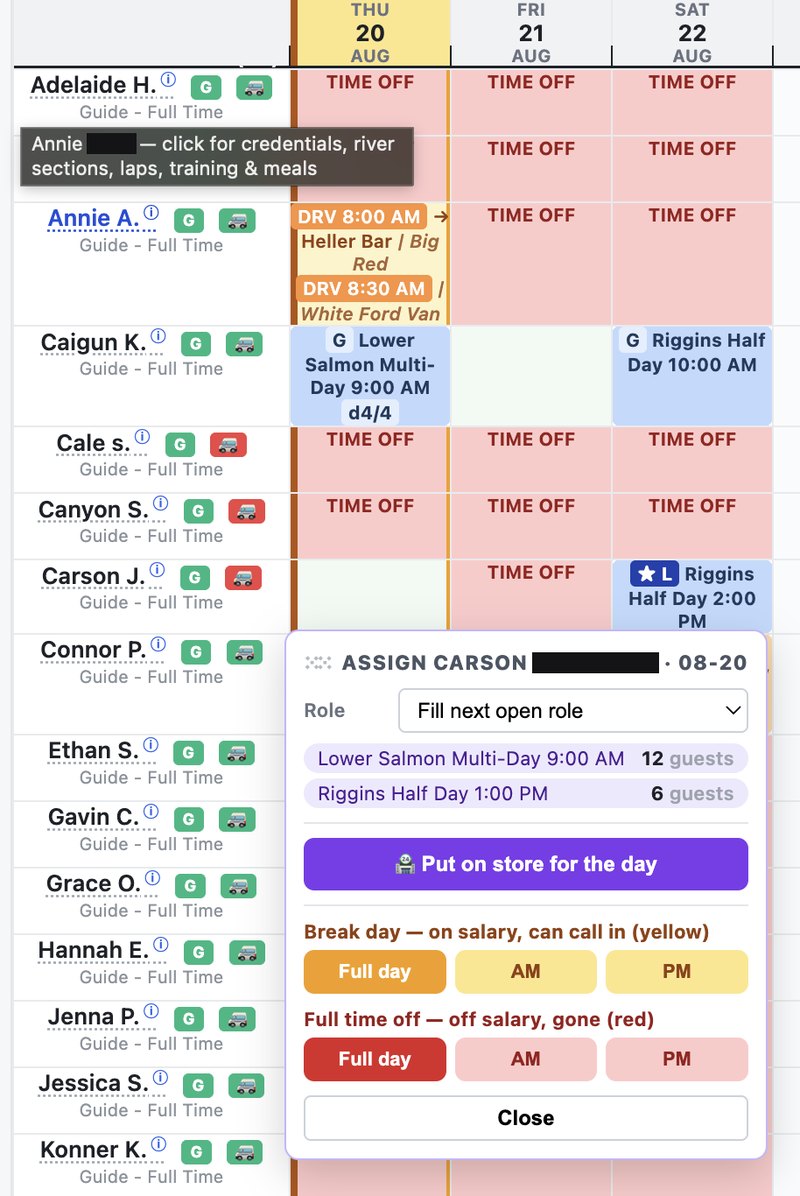 The crew grid with a guide-assignment popover open: a role selector, the two trips that guide could fill that day with guest counts, a button to put them on store for the day, and buttons to mark a paid break day or a full day off.
