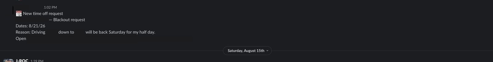 A crew time-off request posted automatically into the management channel with the requested dates, the reason, and a link through to the underlying record.