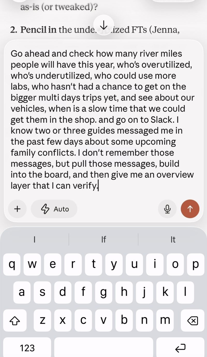 The same request transcribed in full, ending with an instruction to pull recent guide messages about scheduling conflicts, build them into the board, and return an overview layer for a person to verify.