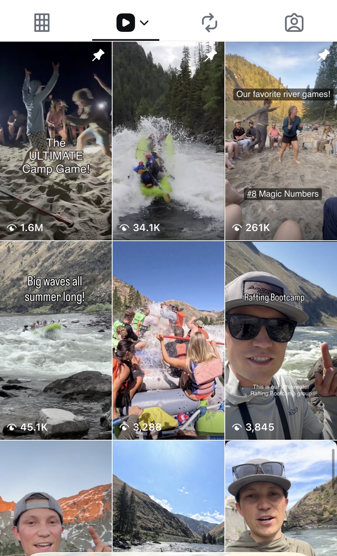 The reels grid on the company's Instagram profile, each thumbnail showing its lifetime view count: a camp game clip at 1.6 million, a river games clip at 261 thousand, and others at 45.1 thousand, 34.1 thousand, and a few thousand each.